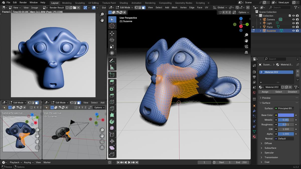 Rozhraní Blenderu 4.3.2 s modrou hlavou opice a zobrazenou sítí polygonů